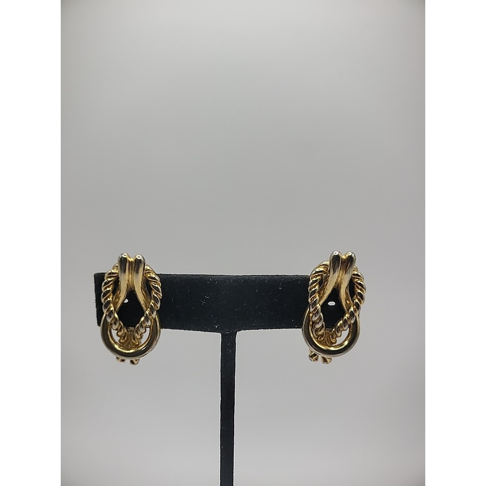 Vintage Monet Earrings Clip On Huggie Gold Tone Knotted Jewelry Costume